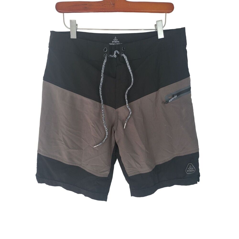 Prana‎ Board Shorts 30 Mens Black Grey Swim Unlined High Rise Beach Bottoms